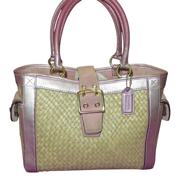 Coach 2004 Limited Edition Straw & Pink Suede Leather Top Handle Tote Satchel - Picture 1 of 11